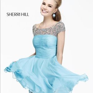 Sherri Hill 11039 Beaded Short Chiffon Blue/Aqua